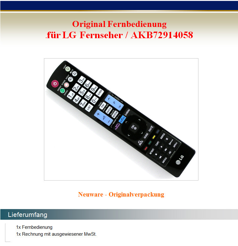 Original Fernbedienung für LG AKB72914058 TV Fernseher Remote Control