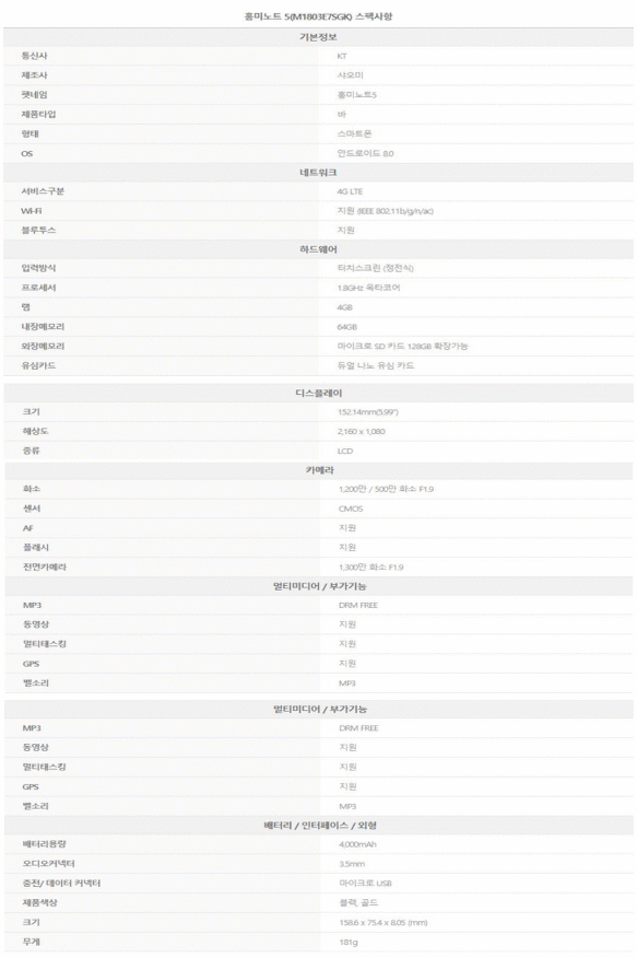 KT되는샤오미 흥미노트5 스펙